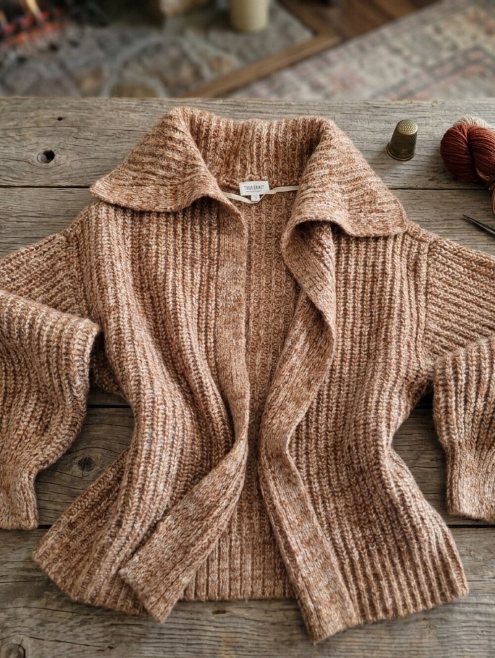 True Craft Chunky Knit Oversized Cardigan Sweater Brown Marled